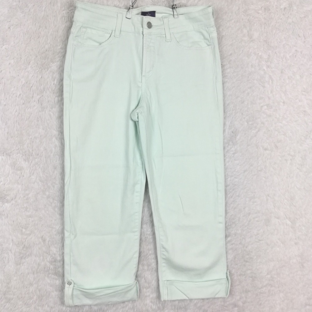 NYDJ Womens Jeans Crop Mid Rise Mint Green‎ Denim Cuffed Jeweled Lift Tuck 4
